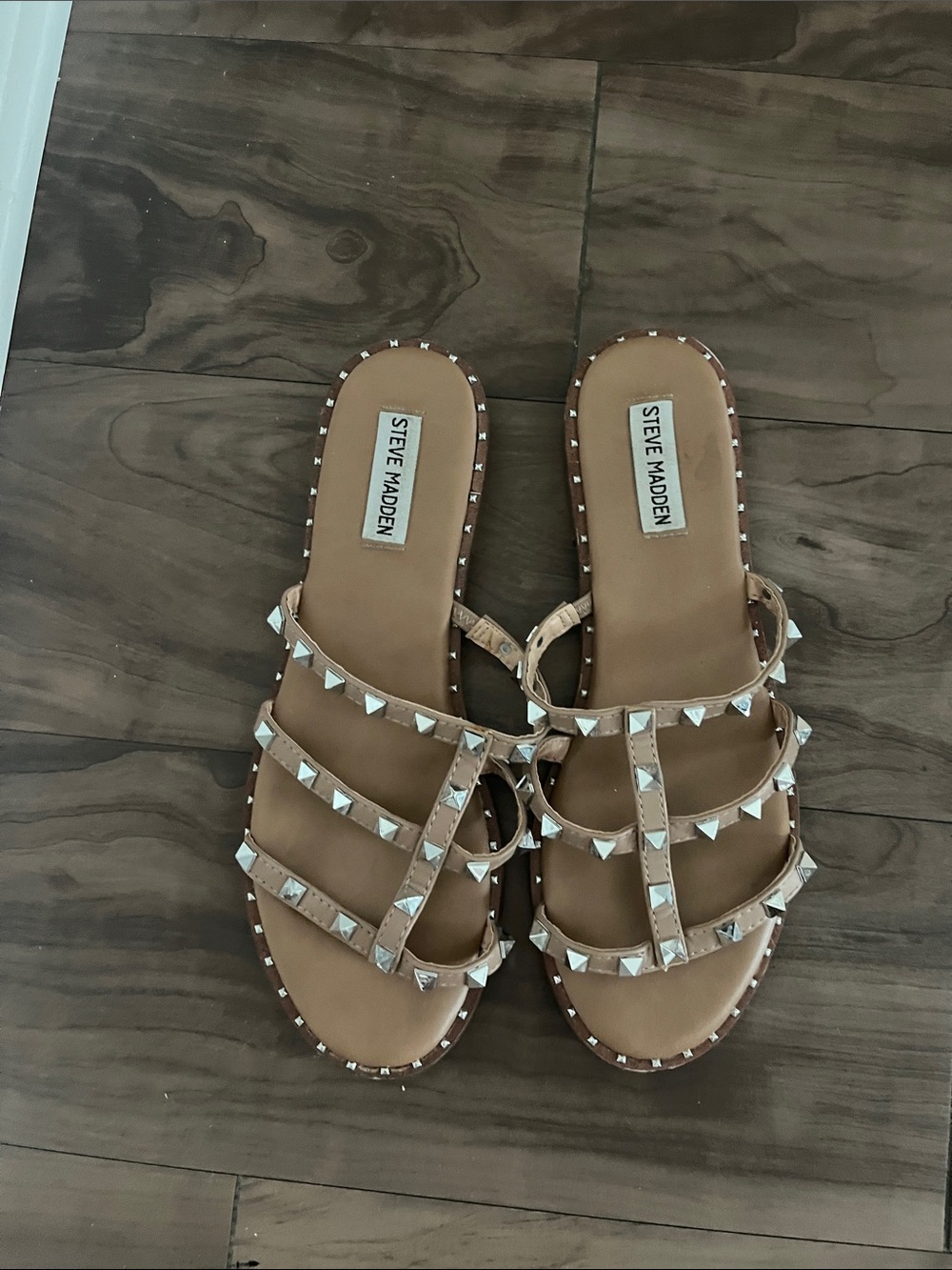 Steve Madden Tan Pyramid Stud Multi-Strap Slide Sandals